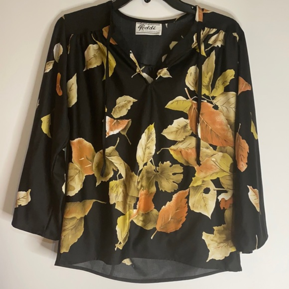 Vintage Teddi of California Leaf Print Blouse Black Gold Boho 80s